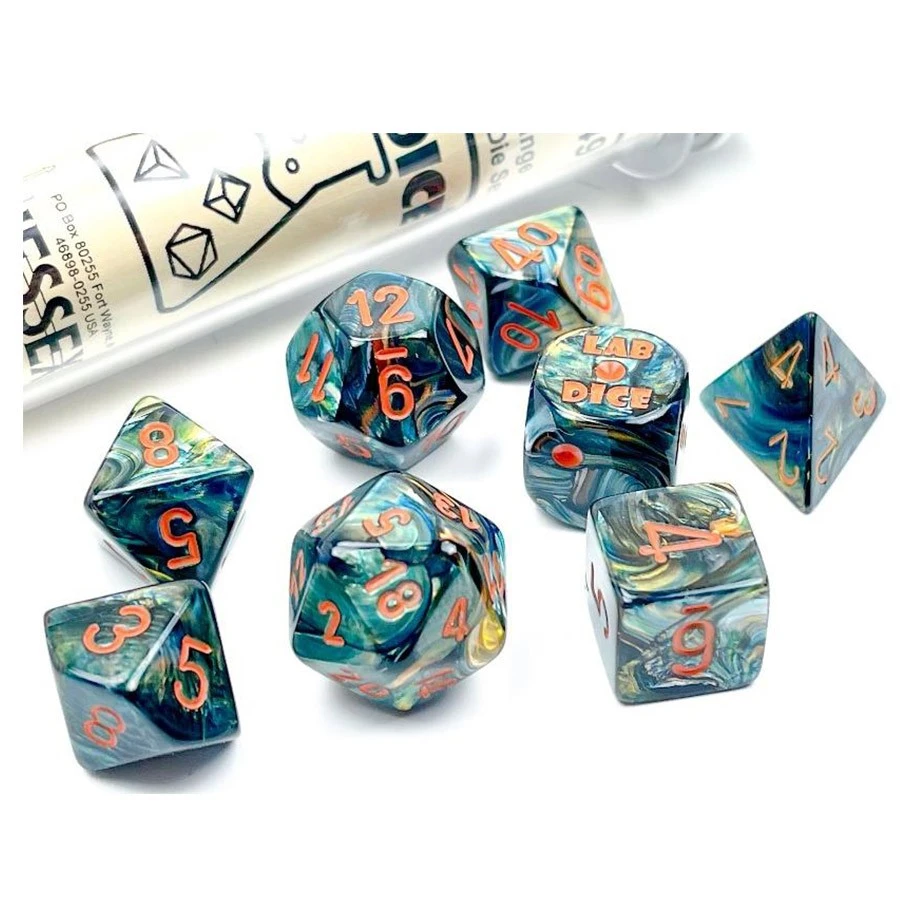 Chessex Lab Dice: 7-Set Tube - Lustrous Alpestris/Orange 3 Chessex Lab Dice: 7-Set Tube - Lustrous Alpestris/Orange